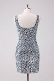 Sparkly Silver Square Neck Bodycon Short Prom Dress with Slit