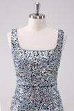 Sparkly Silver Square Neck Bodycon Short Prom Dress with Slit