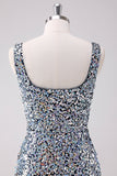 Sparkly Silver Square Neck Bodycon Short Prom Dress with Slit