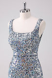 Sparkly Silver Square Neck Bodycon Short Prom Dress with Slit