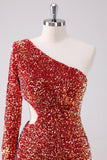 Sparkly Red One Shoulder Tight Short Prom Dress with Hollow Out