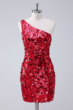 Stylish Red One Shoulder Tight Short Prom Dress with Sequins