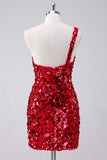 Stylish Red One Shoulder Tight Short Prom Dress with Sequins