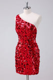 Stylish Red One Shoulder Tight Short Prom Dress with Sequins