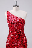 Stylish Red One Shoulder Tight Short Prom Dress with Sequins