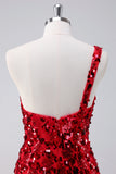 Stylish Red One Shoulder Tight Short Prom Dress with Sequins