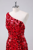 Stylish Red One Shoulder Tight Short Prom Dress with Sequins