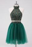 Sparkly A-Line Dark Green Halter Short Tulle Prom Dress with Sequins