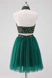 Sparkly A-Line Dark Green Halter Short Tulle Prom Dress with Sequins