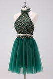 Sparkly A-Line Dark Green Halter Short Tulle Prom Dress with Sequins