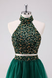 Sparkly A-Line Dark Green Halter Short Tulle Prom Dress with Sequins