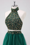 Sparkly A-Line Dark Green Halter Short Tulle Prom Dress with Sequins