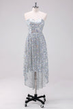 Sparkly Silver Strapless Asymmetric High-low Prom Dress with Sequins