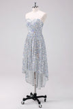 Sparkly Silver Strapless Asymmetric High-low Prom Dress with Sequins