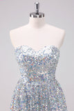 Sparkly Silver Strapless Asymmetric High-low Prom Dress with Sequins