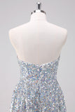 Sparkly Silver Strapless Asymmetric High-low Prom Dress with Sequins