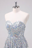 Sparkly Silver Strapless Asymmetric High-low Prom Dress with Sequins