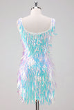 Sparkly White Scoop Neck Tight Short Prom Dress with Tassels