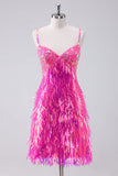 Sparkly Hot Pink A Line Spaghetti Straps Sequins Prom Dress with Tassel