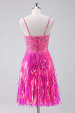 Sparkly Hot Pink A Line Spaghetti Straps Sequins Prom Dress with Tassel