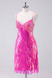 Sparkly Hot Pink A Line Spaghetti Straps Sequins Prom Dress with Tassel