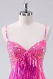 Sparkly Hot Pink A Line Spaghetti Straps Sequins Prom Dress with Tassel