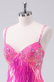 Sparkly Hot Pink A Line Spaghetti Straps Sequins Prom Dress with Tassel