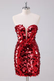 Red Strapless Sequins Tight Prom Dress With Removable Sleeves