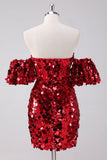 Red Strapless Sequins Tight Prom Dress With Removable Sleeves