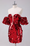 Red Strapless Sequins Tight Prom Dress With Removable Sleeves