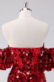 Red Strapless Sequins Tight Prom Dress With Removable Sleeves