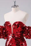 Red Strapless Sequins Tight Prom Dress With Removable Sleeves