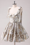 Silver A-Line Short Corset Metallic Prom Dress with Ruffles