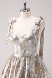 Silver A-Line Short Corset Metallic Prom Dress with Ruffles