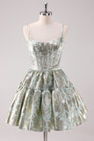 Light Green A-Line Spaghetti Straps Metallic Short Prom Dress