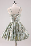 Light Green A-Line Spaghetti Straps Metallic Short Prom Dress