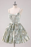 Light Green A-Line Spaghetti Straps Metallic Short Prom Dress