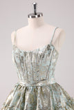 Light Green A-Line Spaghetti Straps Metallic Short Prom Dress