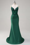 Dark Green Corset Applique Mermaid Satin Prom Dress