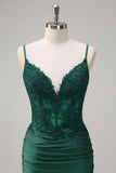 Dark Green Corset Applique Mermaid Satin Prom Dress