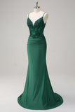 Dark Green Corset Applique Mermaid Satin Prom Dress