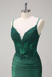 Dark Green Corset Applique Mermaid Satin Prom Dress