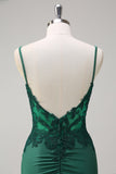 Dark Green Corset Applique Mermaid Satin Prom Dress