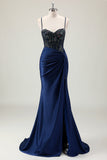 Dark Navy Beaded Mermaid Front Twist Prom Dress with Slit