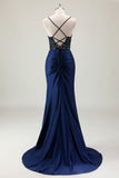 Dark Navy Beaded Mermaid Front Twist Prom Dress with Slit