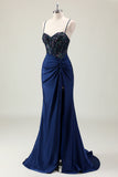 Dark Navy Beaded Mermaid Front Twist Prom Dress with Slit