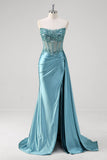 Grey Blue Strapless Sequined Satin Prom Dress with Slit