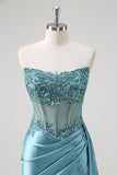 Grey Blue Strapless Sequined Satin Prom Dress with Slit