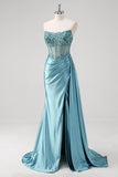 Grey Blue Strapless Sequined Satin Prom Dress with Slit