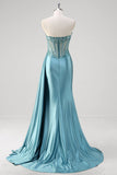 Grey Blue Strapless Sequined Satin Prom Dress with Slit